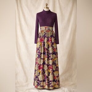 VTG Brocade Maxi Dress Purple Metallic Top Floral Skirt Sz 10 (fits like 4 or 6)
